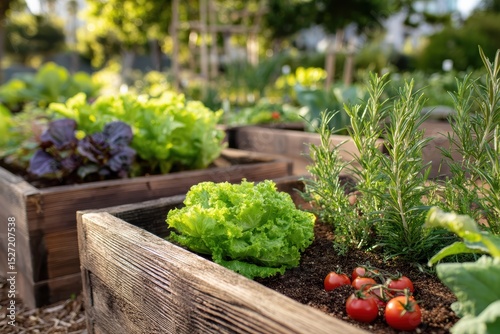 Lush and Vibrant Vegetable Garden with Fresh Green Lettuce, Juicy Tomatoes, and Aromatic Herbs in Raised Wooden Planters Embracing Nature's Bounty