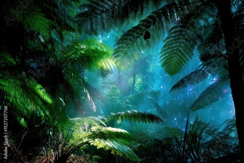 Lush Green Forest with Ferns Illuminated by Mystical Light, Creating an Enchanting Landscape of Nature's Beauty and Tranquility in a Dense Wilderness