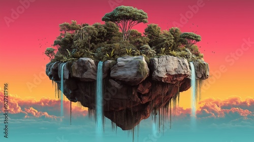 Illustration of a floating island in the sky with waterfalls and a forest