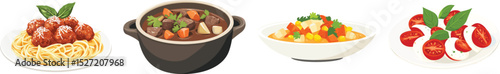 Illustration of various dishes: pasta, stew, vegetable mix, and caprese salad, vector set