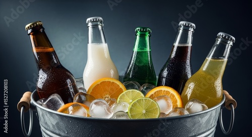 Refreshing drinks and citrus fruits in a metal ice bucket