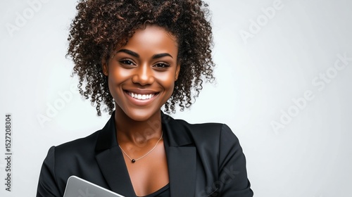 Close-up shot of a businesswoman in a black suit smiling warmly while holding a laptop close to her chest