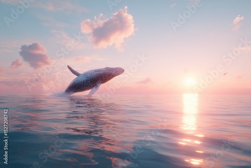 Majestic Humpback Whale Breaching the Ocean Surface at Sunset, Captivating Colors and Tranquil Atmosphere on a Serene Seascape