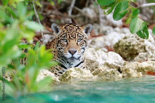 Majestic Jaguar Peeking Through Lush Greenery by Tranquil Water in Tropical Environment, Showcasing Stunning Spots and Intense Gaze in Natural Habitat