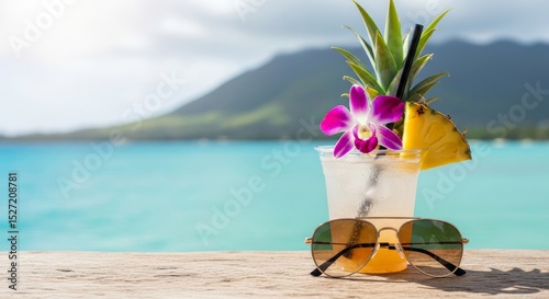 Tropical drink and sunglasses by the serene ocean backdrop