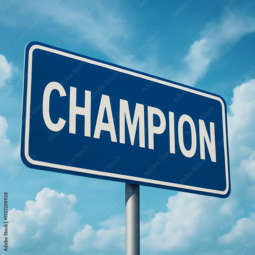 Obraz premium Champion Road Sign Under Baby Blue Sky, Motivation, Success, Victory, Achievement, Inspirational, High Detail, Focused, Cloudscape, Travel, Destination