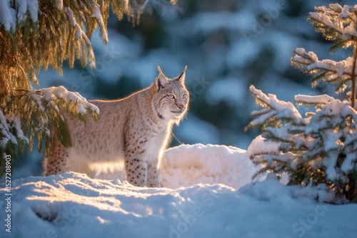 Majestic Lynx in a Winter Wonderland: Captivating Scene of a Lynx Surrounded by Snowy Trees and Soft Light in a Tranquil Forest Environment