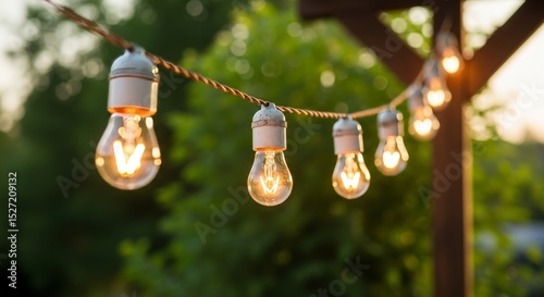 String lights glow warmly against a lush green backdrop