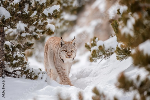 Majestic Lynx Walking Through Snowy Landscape Surrounded by Snow-Covered Pine Trees in a Winter Wonderland Scene