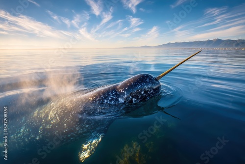 Majestic Narwhal Swimming Gracefully in Calm Arctic Waters with Scenic Skyline and Soft Morning Light Illuminating the Unique Ocean Habitat
