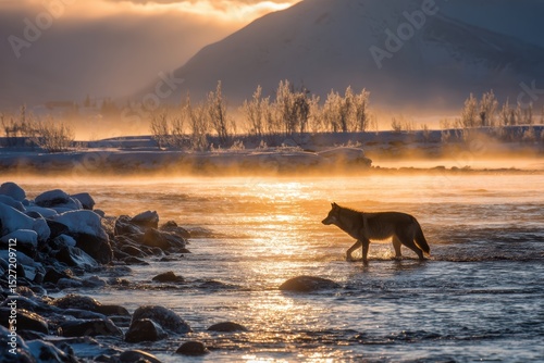 Majestic Winter Scene of a Solitary Wolf Walking Through a Reflective River at Sunrise with Mist and Snow-Capped Mountains in the Background