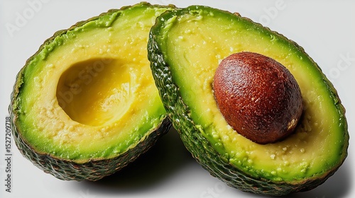 Close-up shot of an avocado cut in half on a white background