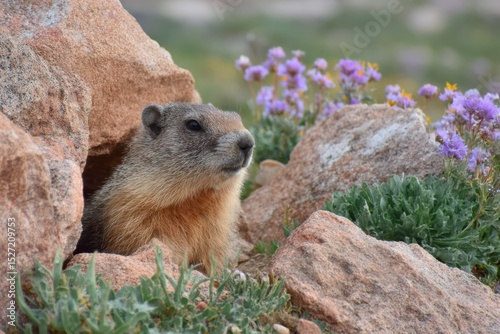 Marmot Emerging from Rocky Burrow Surrounded by Wildflowers in Mountain Landscape During Spring Season, Capturing Natural Beauty and Serenity of Wildlife Habitat