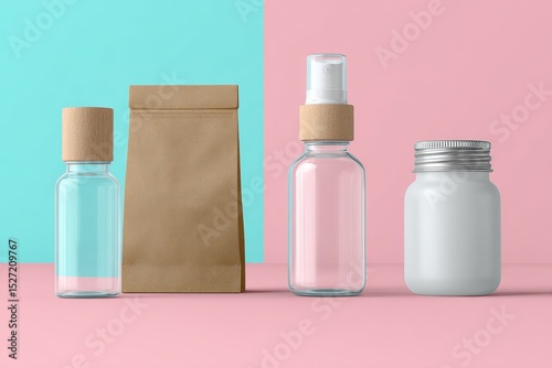 Minimalist Packaging Composition Featuring Clear Glass Bottles, Brown Paper Bag, and Silver Jar on Pastel Backgrounds Perfect for Product Display or Branding Concepts