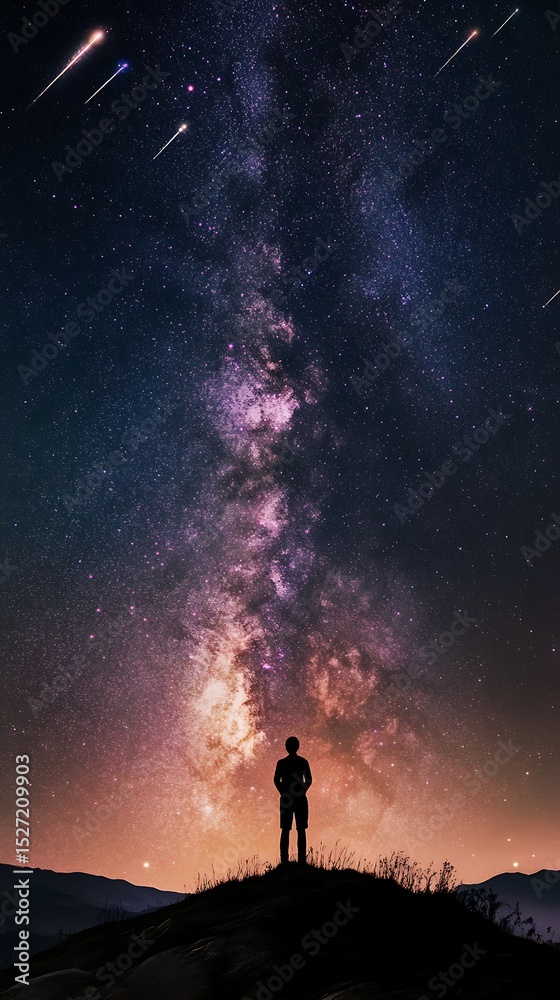 Fototapeta premium Silhouette Gazing at the Milky Way with Shooting Stars from Mountain Peak at Night