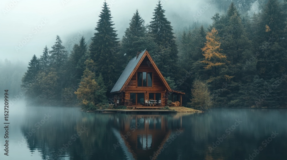 Fototapeta premium Rustic wooden cabin on a misty lake surrounded by evergreen forest.