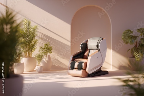 Modern ergonomic massage chair surrounded by lush indoor plants in a stylish, sunlit room, showcasing innovative design and comfort features for relaxation at home.