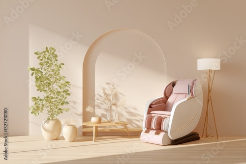 Modern interior design featuring a luxurious massage chair, indoor plants, minimalist decor, and warm lighting in a serene, tranquil setting for relaxation and wellness.