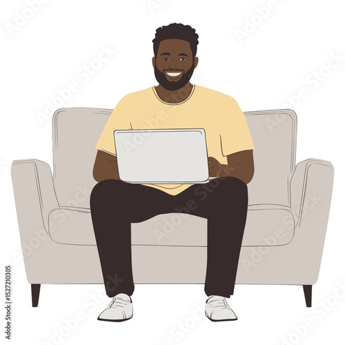Man useing laptop on light gray sofa illustration communication electronics vector
