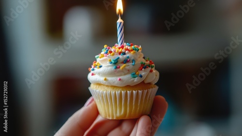 A small frosted cupcake with a lit birthday candle rests