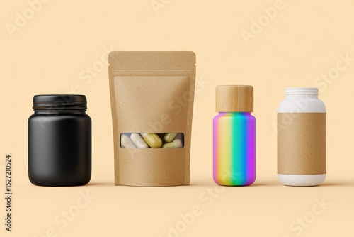 Modern Minimalist Packaging Design Featuring Various Container Styles for Health Supplements on a Soft Peach Background