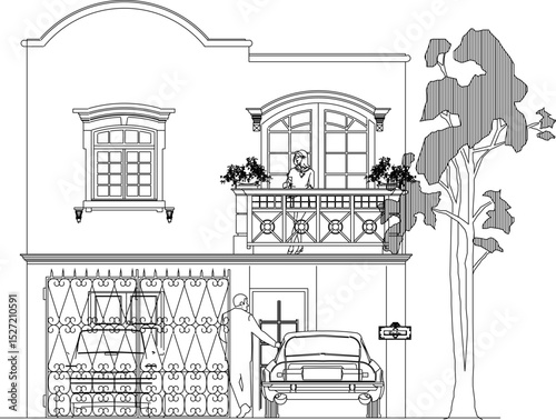 vector illustration of architectural design of simple classic vintage ethnic traditional house facade building 