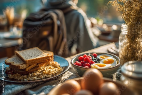 Morning Breakfast Scene Featuring Toast, Oatmeal, Fresh Berries, Boiled Eggs, and Cozy Atmosphere Perfect for Invoking Warmth and Comfort in Culinary Photography