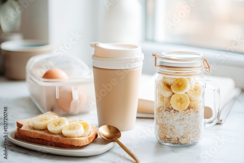 Morning Breakfast Setup Featuring Sliced Bananas, Oatmeal, Toast with Banana, a Coffee Cup, and Eggs, Creating a Cozy and Inviting Kitchen Atmosphere