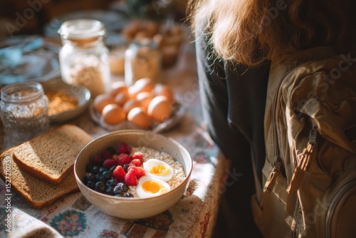 Morning Breakfast Scene with Fresh Ingredients and a Cozy Atmosphere Featuring Eggs, Berries, and Toast on a Table Surrounded by Natural Light
