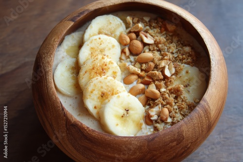 Nutritious Breakfast Bowl with Sliced Bananas, Crunchy Nuts, and Tasty Granola for Healthy Morning Meal Inspiration