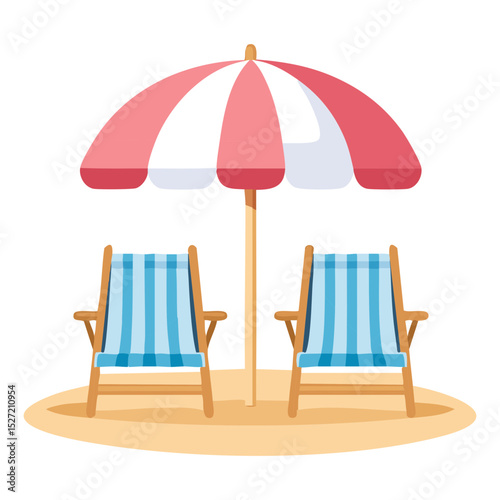 Two deckchairs under a beach umbrella, a tranquil escape. A serene illustration of beach relaxation. The image conveys peace and tranquility. 