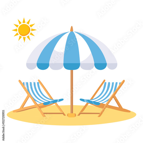 A sunny day at the beach, with two chairs under a striped umbrella. A radiant sun adds to the cheerful ambiance, perfect for relaxation