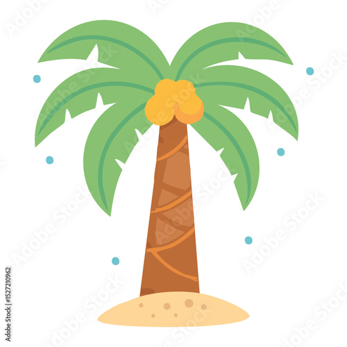 A whimsical cartoon of a palm tree standing on a small patch of sand with blue dots floating around it