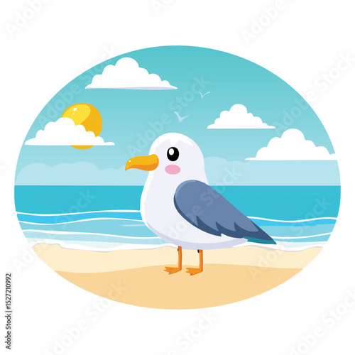 A cute seagull standing on a beach with the sun, clouds, and ocean in the background. The bright colors create a happy, welcoming feeling. 