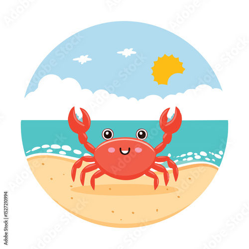 An adorable cartoon crab enjoying a sunny day at the beach