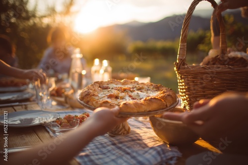 Outdoor Dining Experience at Sunset with Delicious Pizza Being Shared Among Friends in a Scenic Location Surrounded by Nature and Warm Evening Light