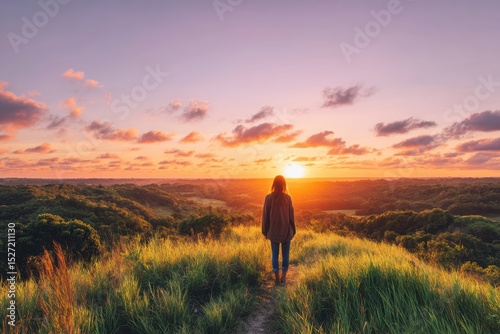 Peaceful Sunset Over Green Hills with Silhouetted Woman Standing on a Trail, Capturing the Essence of Nature's Beauty and Tranquility in a Scenic Landscape