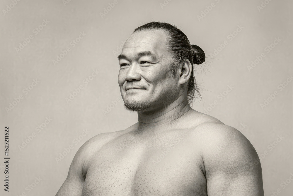 Fototapeta premium japanese sumo wrestler deep in thought positioned on right side of frame showing gentle smile