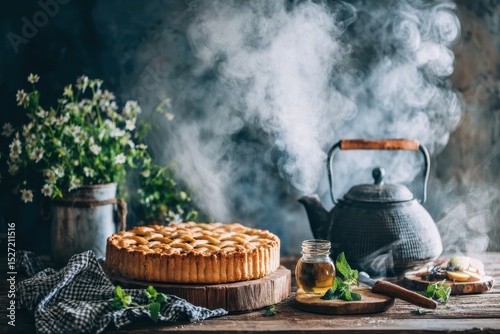 Rustic Apple Pie on Wooden Table Surrounded by Fresh Herbs, Honey, and Vintage Teapot with Soft Smoke and Fresh Flowers in a Cozy Kitchen Setting