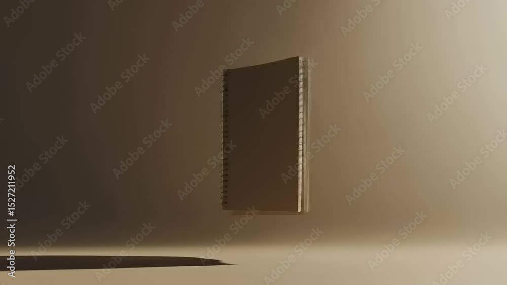A floating blank notebook in a minimalist setting, showcasing creativity and potential for ideas