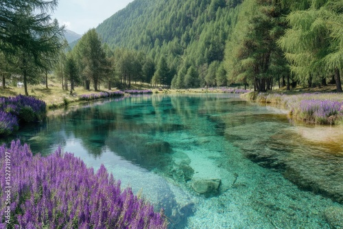 Serene Alpine Landscape Featuring Crystal Clear Water and Vibrant Purple Lavender Fields Amidst Majestic Green Forests and Rolling Mountains in a Peaceful Natural Setting