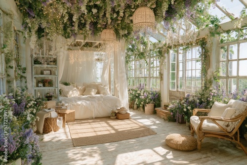 Serene and Inviting Floral Bedroom Retreat with Natural Light, Cozy Textiles, and Lush Greenery for a Tranquil Home Environment