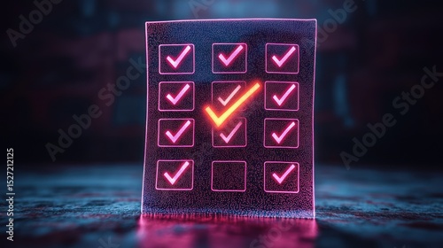 Neon Checklist:  Digital Success, Goals Achieved, Task Complete, Project Done, Accomplished, Objectives Met, Target Reached, Mission Accomplished