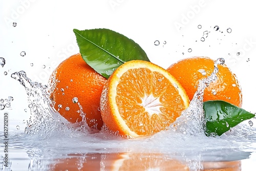 A fresh orange fruit  whole and sliced  with leaves and water drops