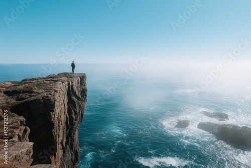 Serene Coastal View of a Lone Figure Standing on a Dramatic Cliff Overlooking Tranquil Ocean Waves Under a Bright Blue Sky with Soft Mist