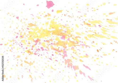 白地にピンクと黄色の絵の具を散らした背景