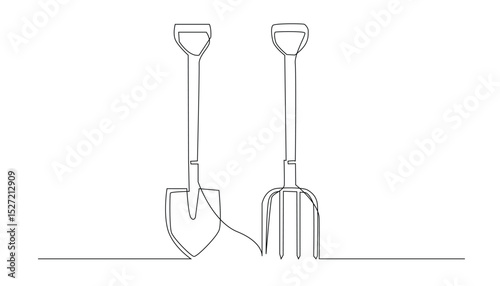 Shovel and Pitchfork Continuous Line Drawing on White Background