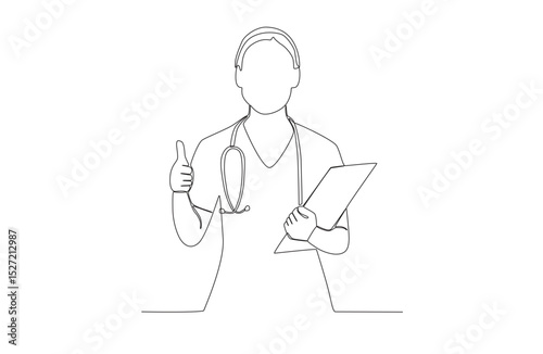 Doctor One Line Art with Thumbs Up, Isolated on White Background, Vector Illustration.
