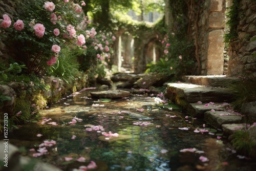 Serene Garden Pathway Along a Tranquil Stream Surrounded by Blooming Pink Roses and Stone Arches in an Enchanting Natural Setting