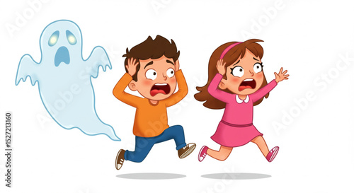  Scared kids running from ghost. vector